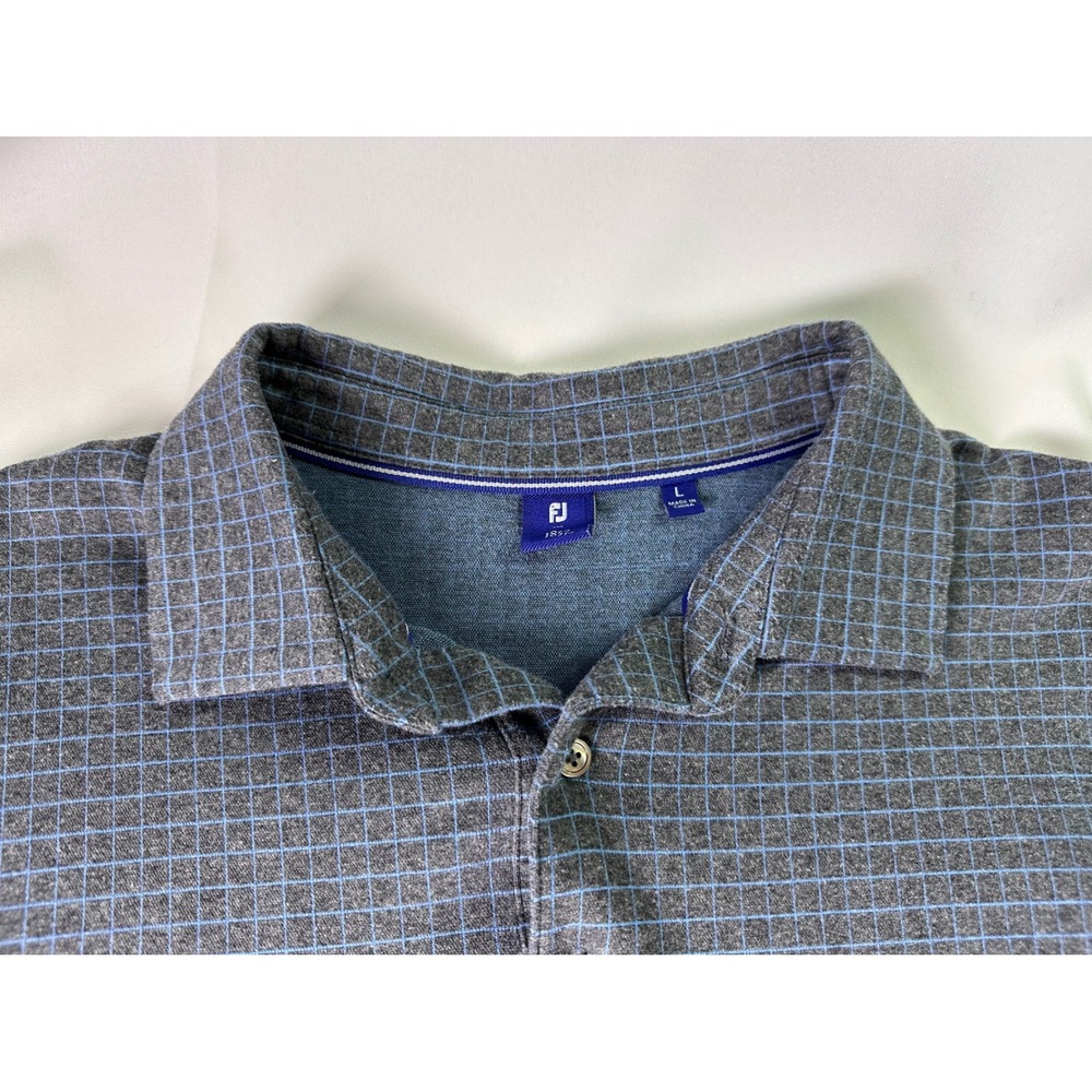 FootJoy 1857 Mens Gray Blue Grid Golf Polo Shirt Large‎ Cotton Coolmax Spandex